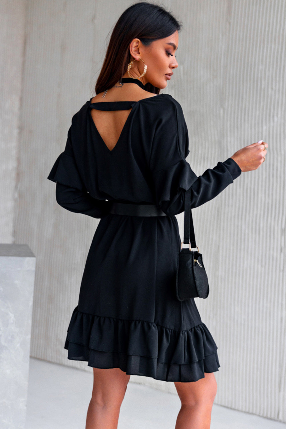 Black Ruffled V Neck Cut-out Back Elastic Waist Dress