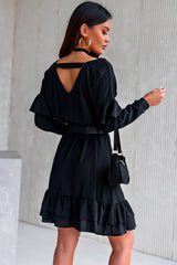 Black Ruffled V Neck Cut-out Back Elastic Waist Dress