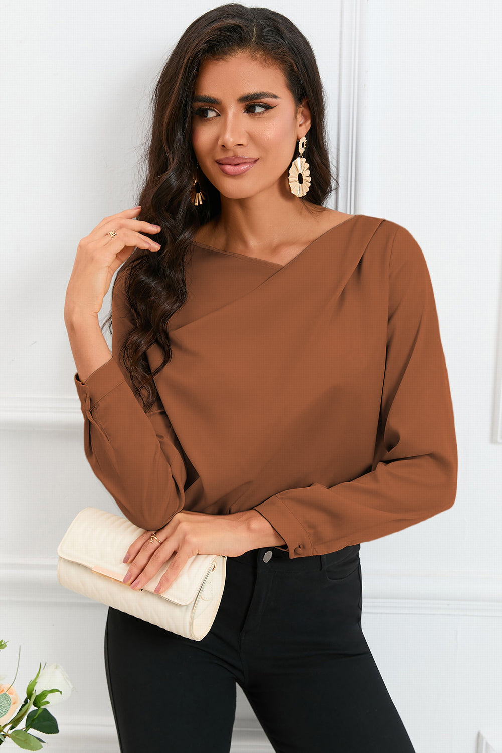 Apricot Solid Asymmetric V Neck Long Sleeve Satin Blouse