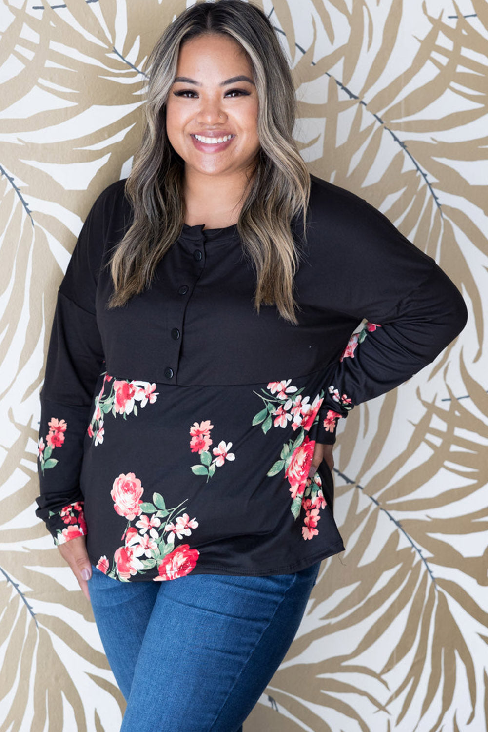 Black Plus Size Floral Printed Splicing Half Button Top