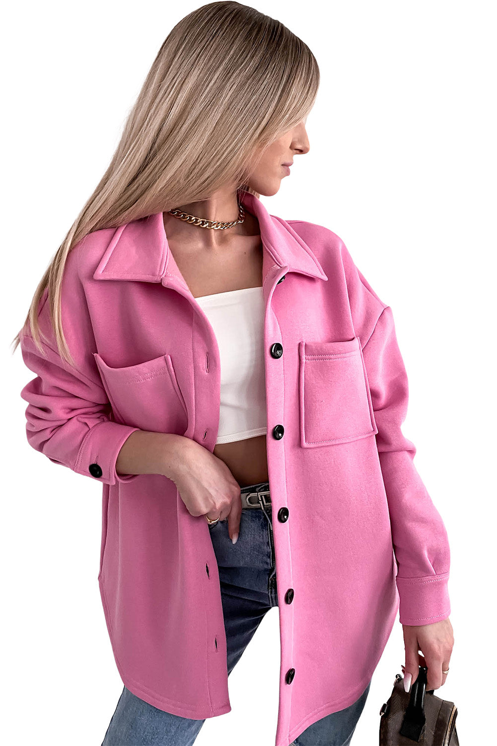 Solid Color Pocketed Button up Long Sleeve Shacket