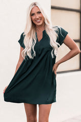 Green Notched Neckline Cuffed Short Sleeve Shift Dress