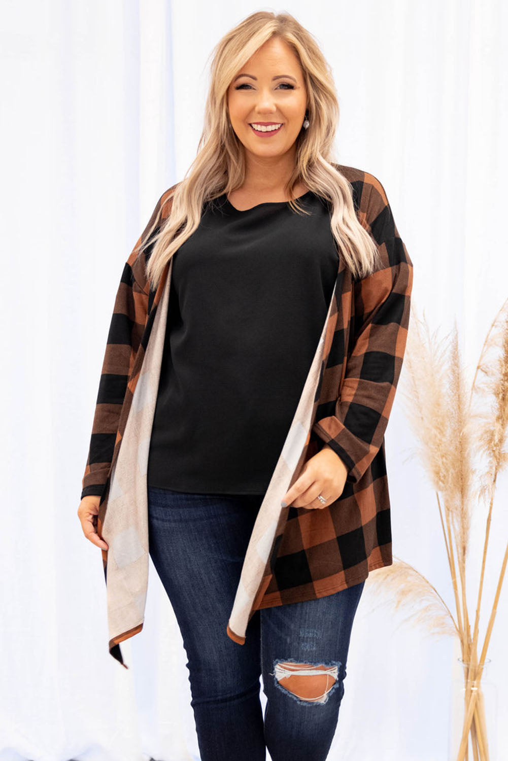 Brown Plus Size Plaid Pattern Open Front Cardigan