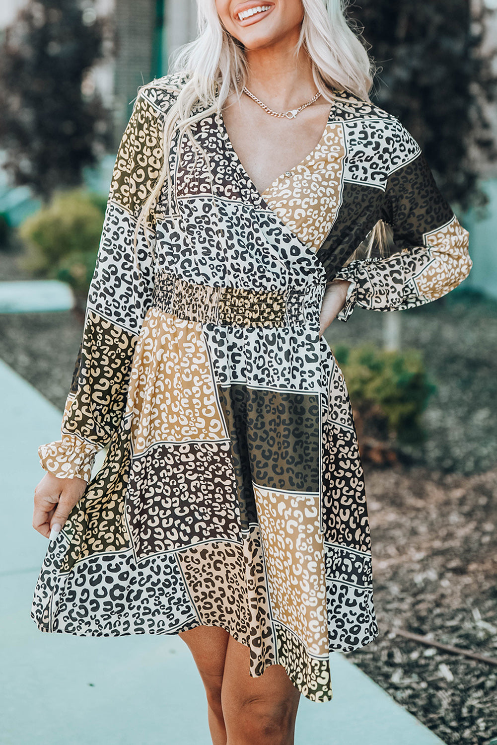 Leopard Color Block Surplice V Neck Mini Dress