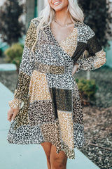 Leopard Color Block Surplice V Neck Mini Dress