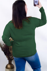 Green Exposed Seam Henley Buttoned Plus Size Long Sleeve Top