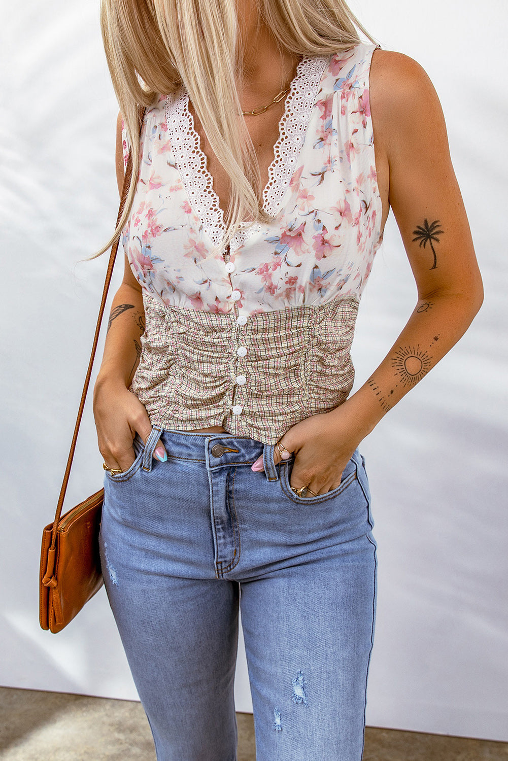 White Floral Plaid Lace Patchwork Tank Top