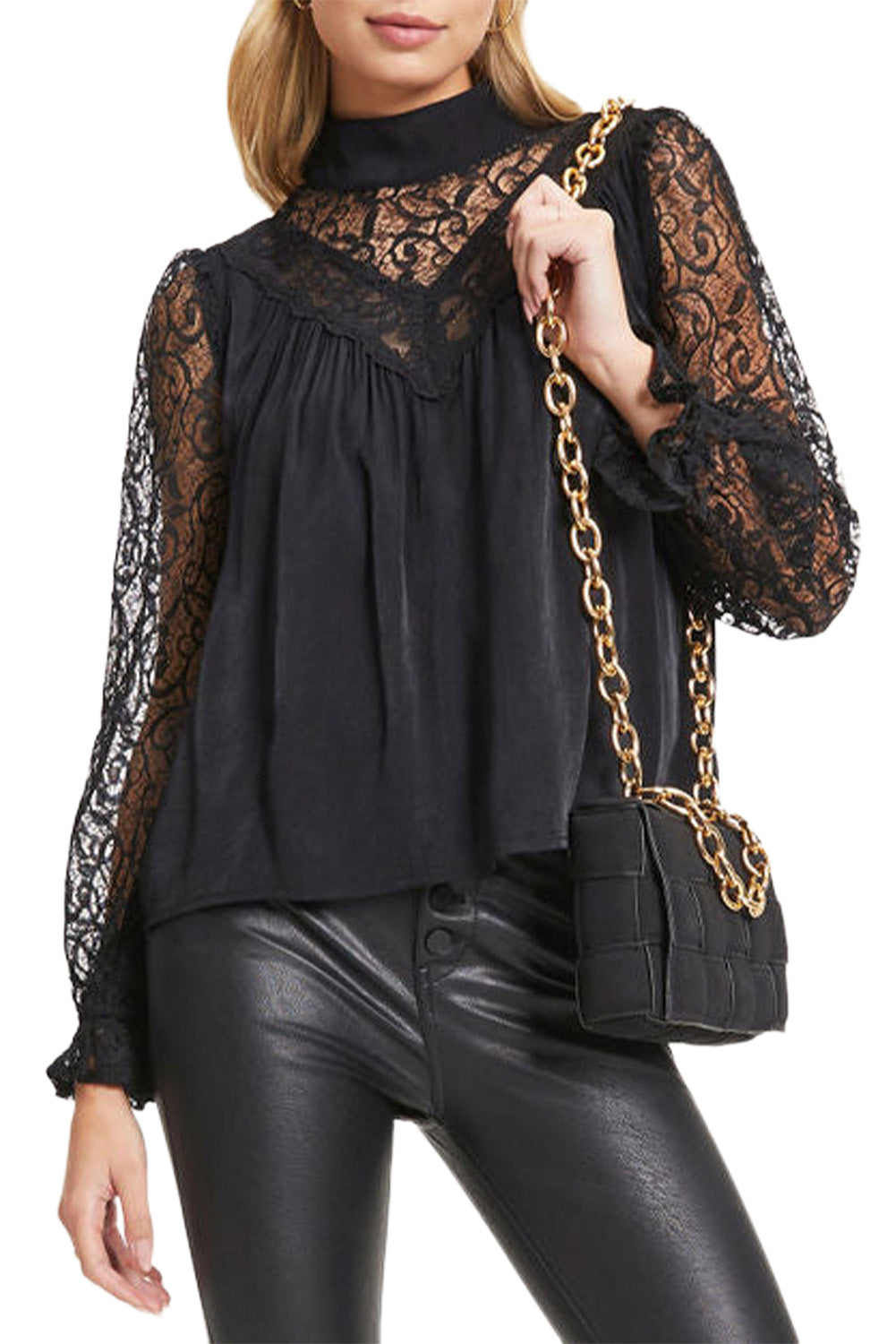 White Mock Neck Lace Splicing Long Sleeve Blouse