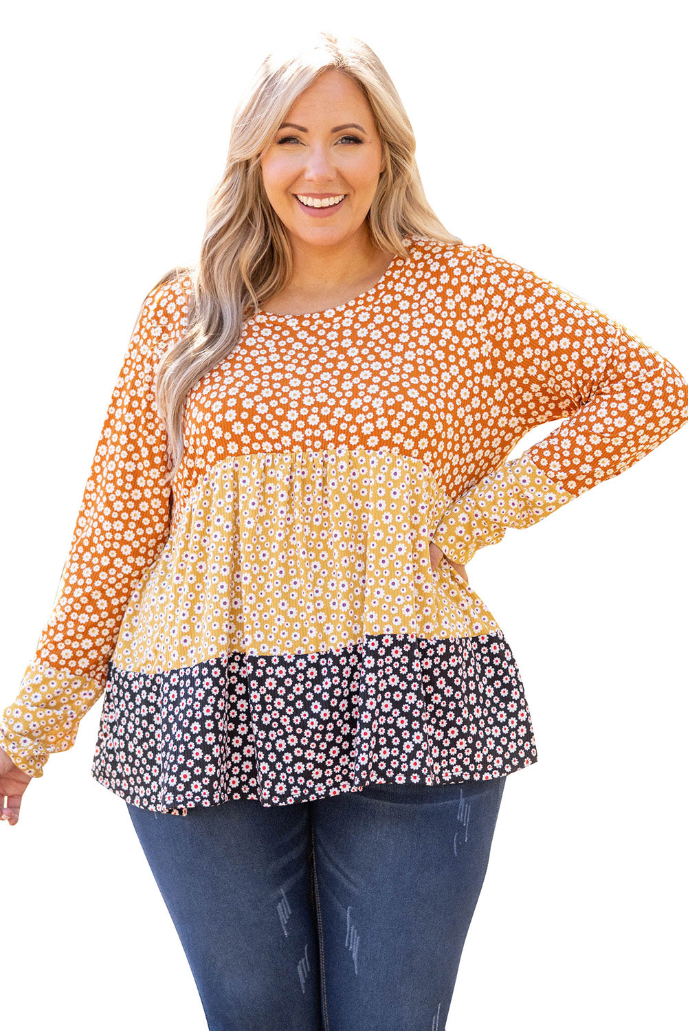 Orange Plus Size Colorblock Blooming Daisy Long Sleeve Flowy Top