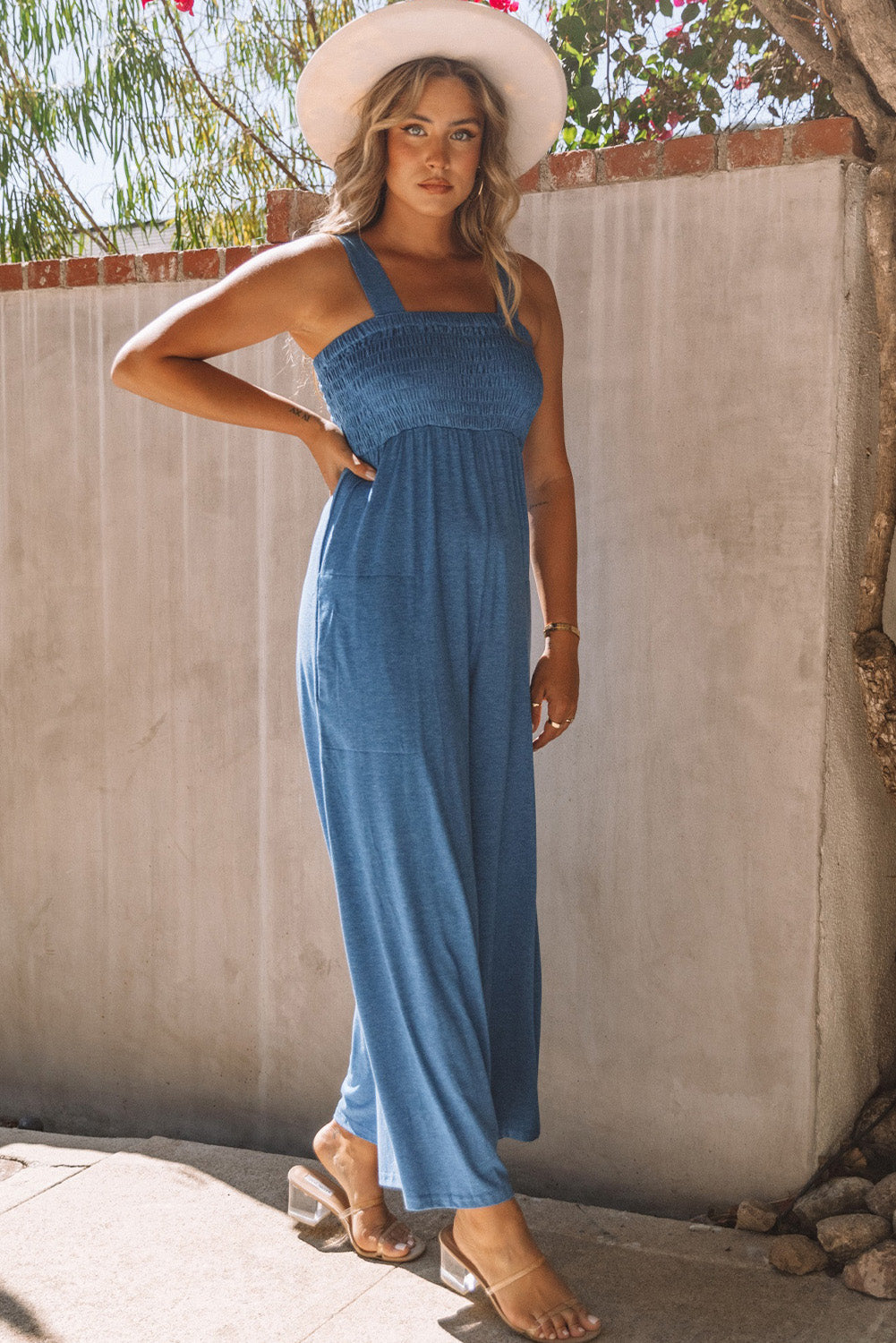 Blue Smocked High Waist Loose Wide Straps Jumpsuit