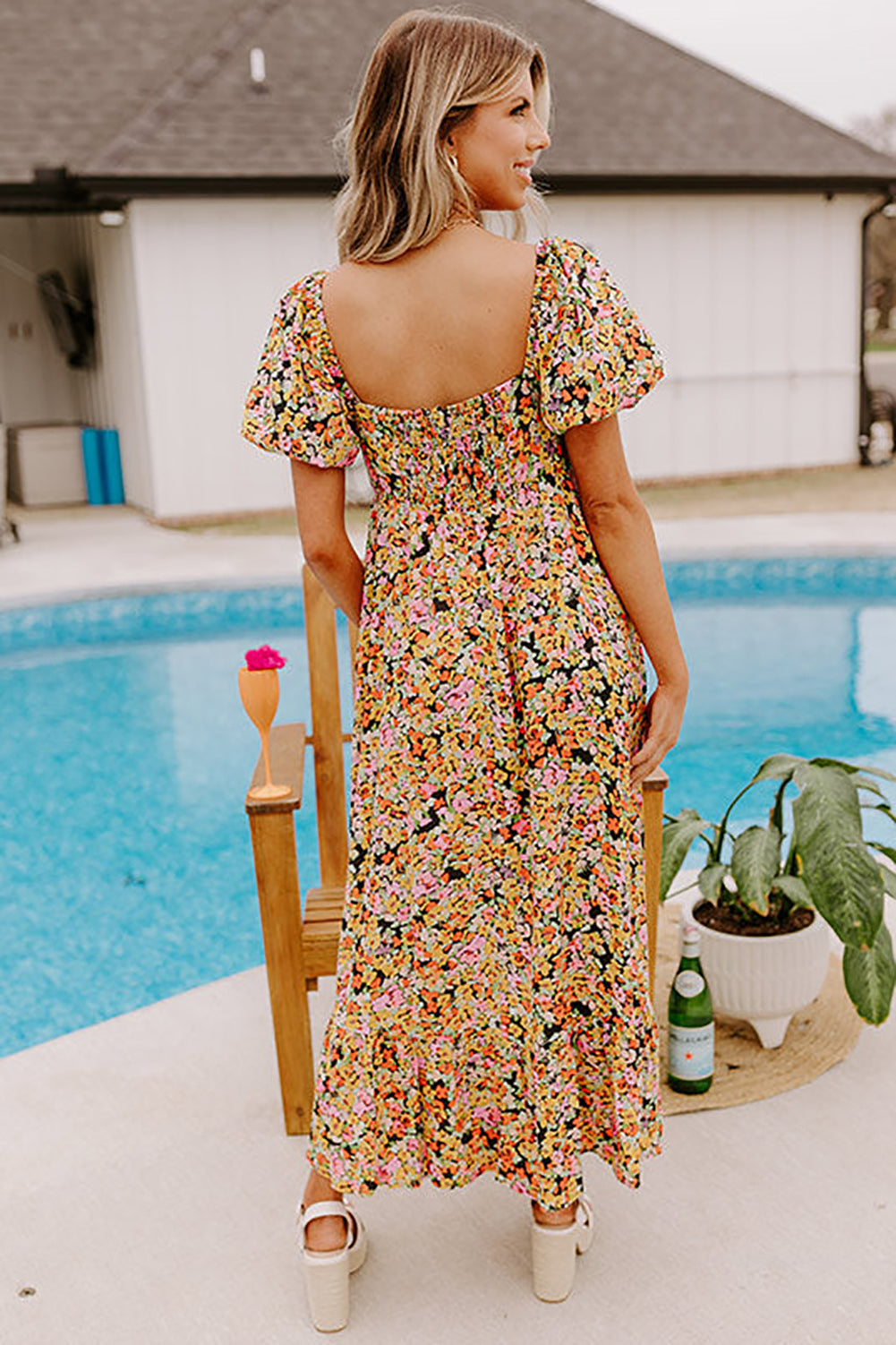 Yellow Puff Sleeve Square Neck Open Back Floral Midi Dress