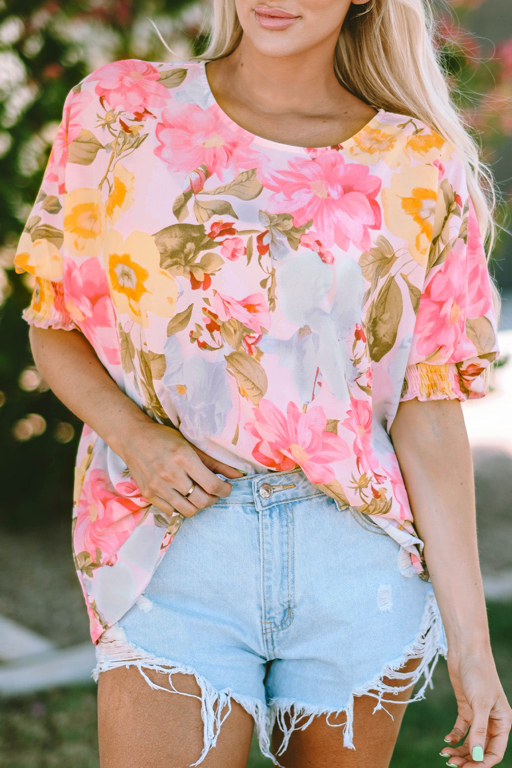 Pink Notched Neck Ruffle Floral Dress