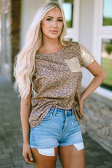 Leopard Leopard Print Sequin Patchwork T Shirt