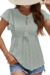 Green Jacquard Eyelets Lace-up Ruffled Short Sleeve Blouse