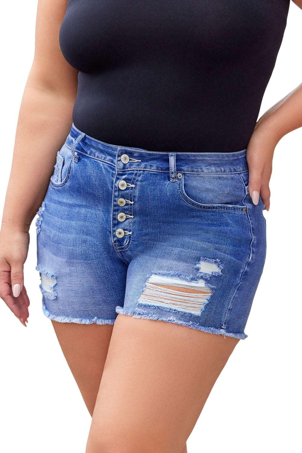 Sky Blue Quintuplicate Button Fly High Rise Plus Denim Shorts