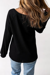 Black V Neck Contrast Block Waffle Knit Top