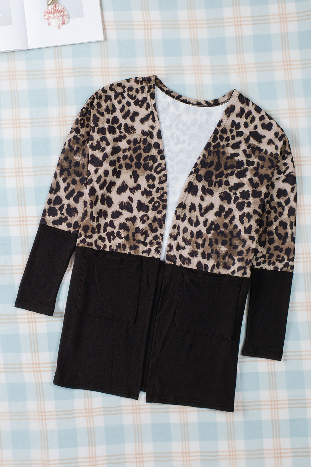 Black Leopard Print Patchwork Pocket Cardigan
