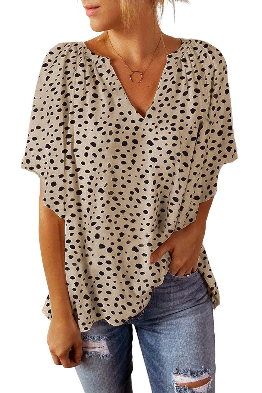 Leopard Notch V Neck Wide Sleeve Blouse