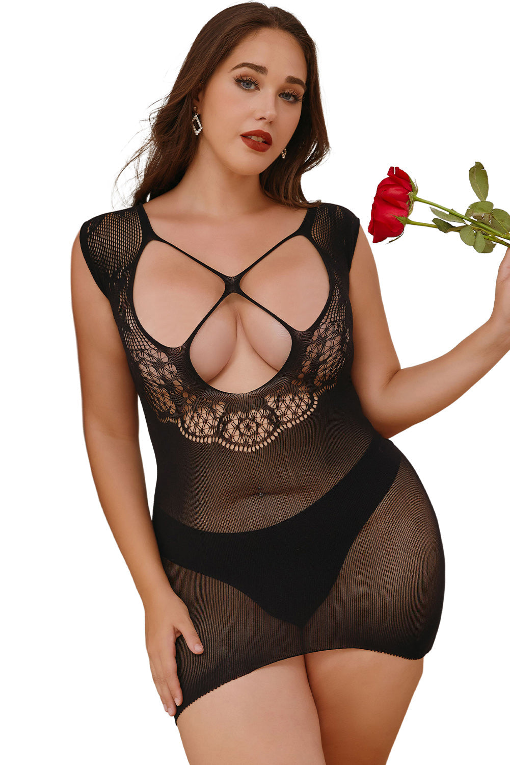 Black Plus Size Lace Mesh Cutout Chemise