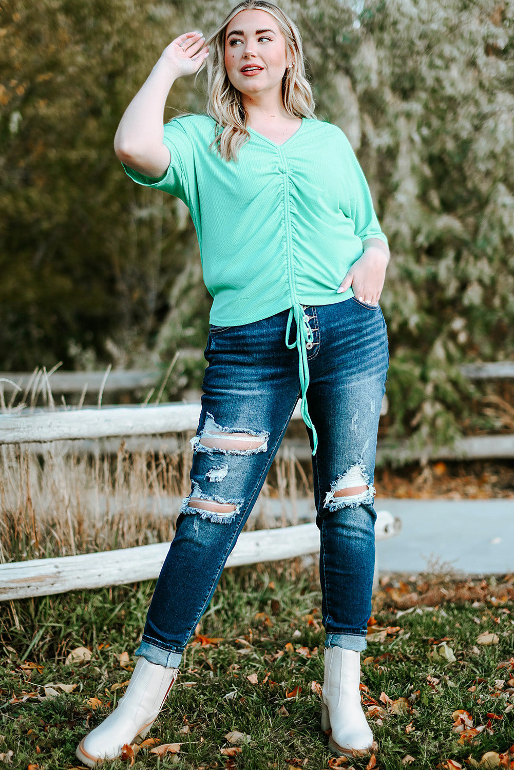 Green Plus Size Ruched Rib Drawstring V Neck Top