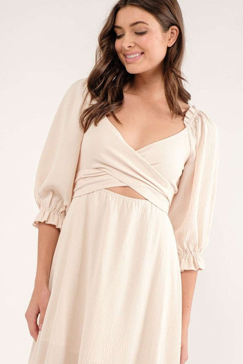 Beige Puff Sleeve Cross Tie Cut Out Maxi Dress