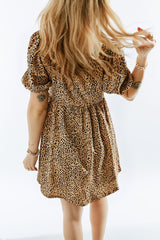 Leopard Animal Print Bubble Sleeve Babydoll Dress
