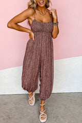 Brown Dotty Printed Puffy Trouser Legs Sleeveless Jumpsuit