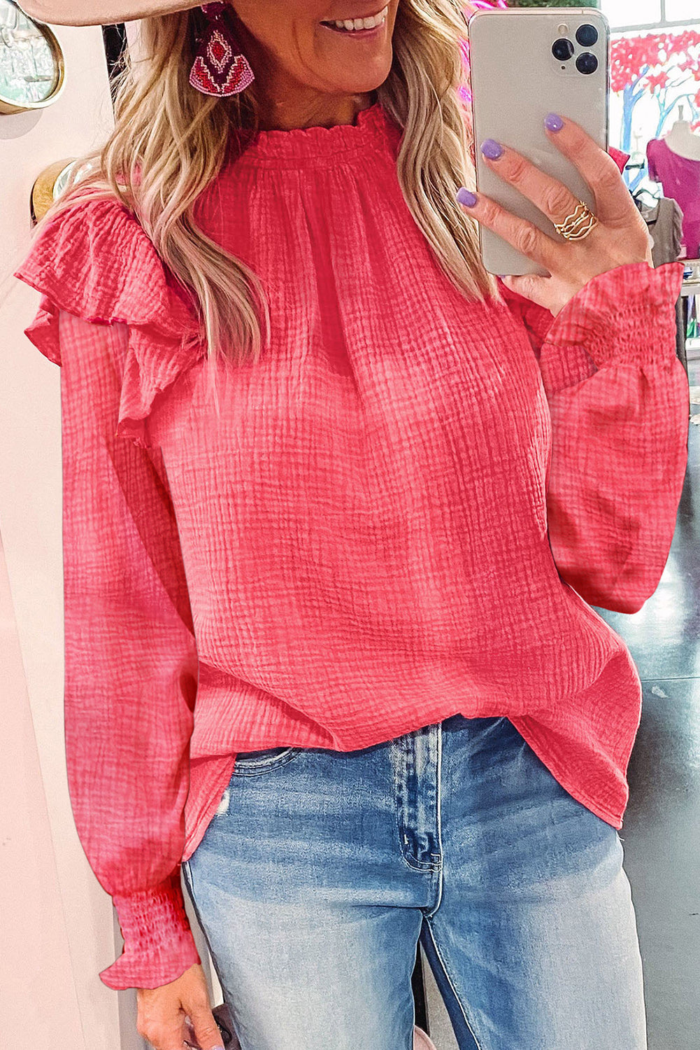 Rose Flutter Sleeve Frilled Neck Textured Blouse