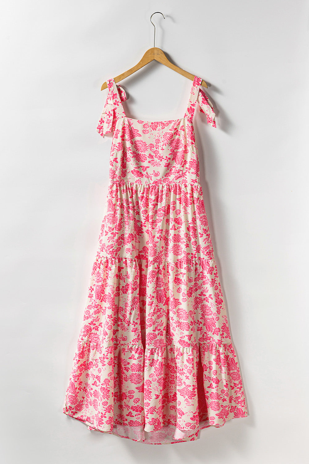 Pink Gingham Floral Tie Shoulder Maxi Dress