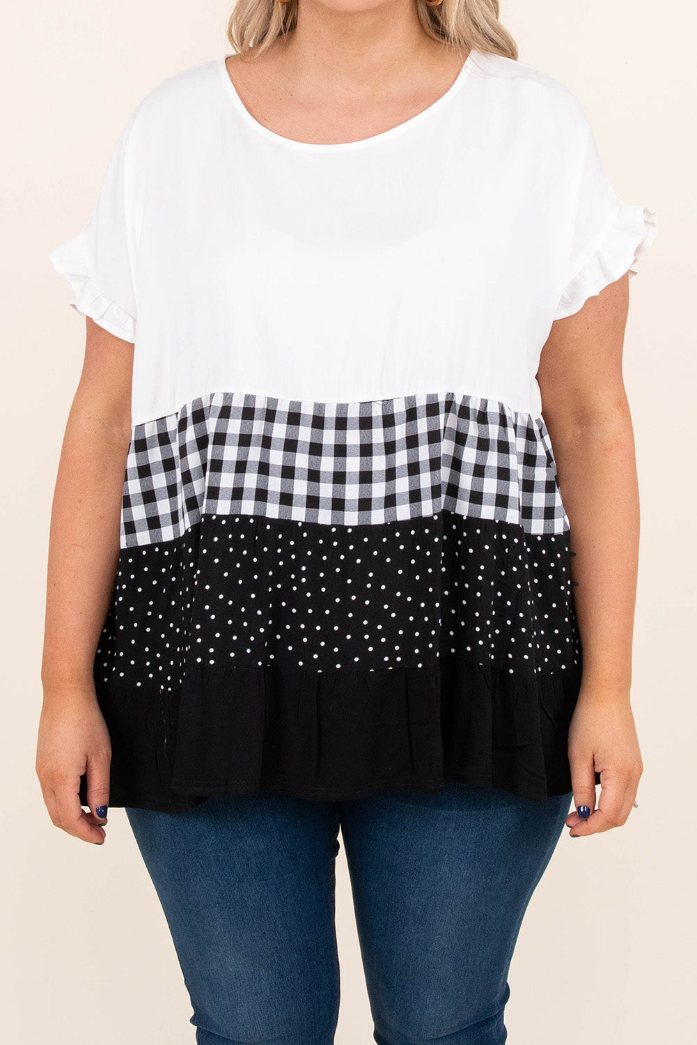 White Plaid Dot Ruffled Plus Size Babydoll Top