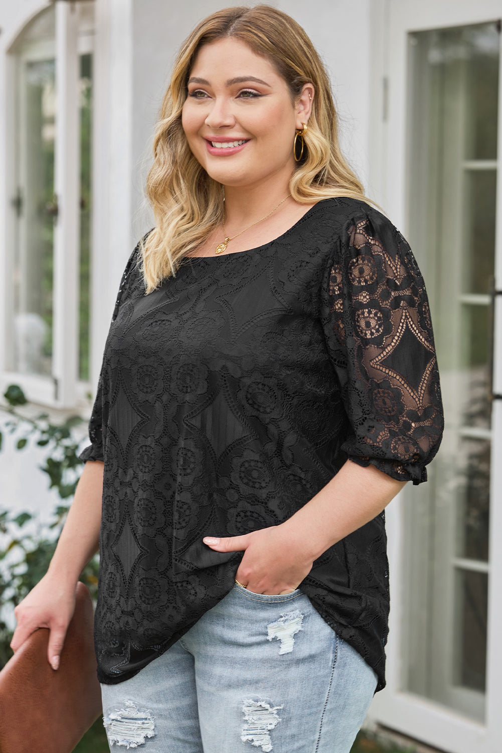 Black Plus Size Lace Crochet Square Neck Blouse