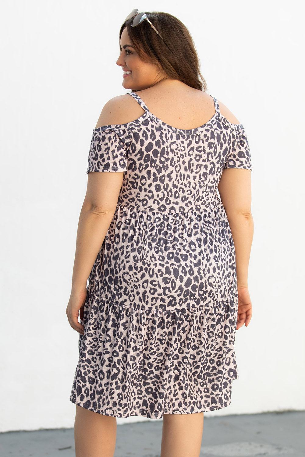 Leopard Plus Size Cold Shoulder Flare Tiered Mini Dress