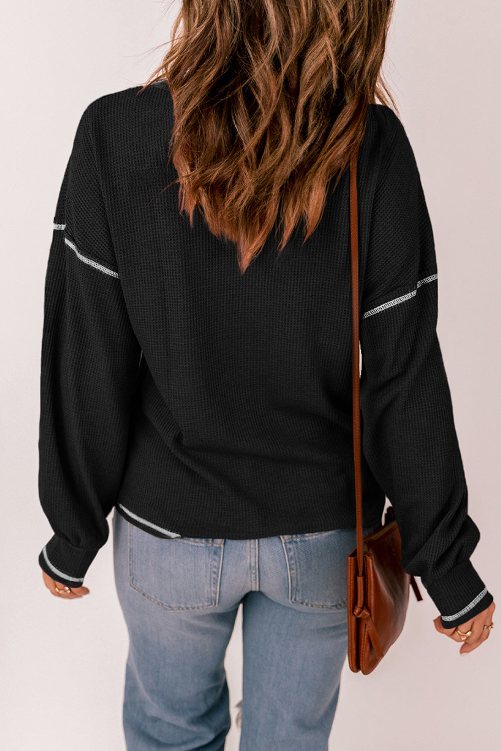 Contrast Stitching Trim Waffle Knit Pullover