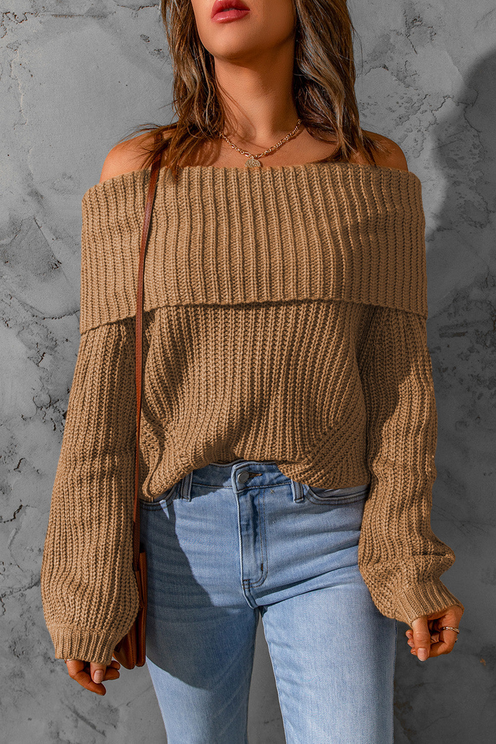 Brown Ribbed Knit Off Shoulder Sweater