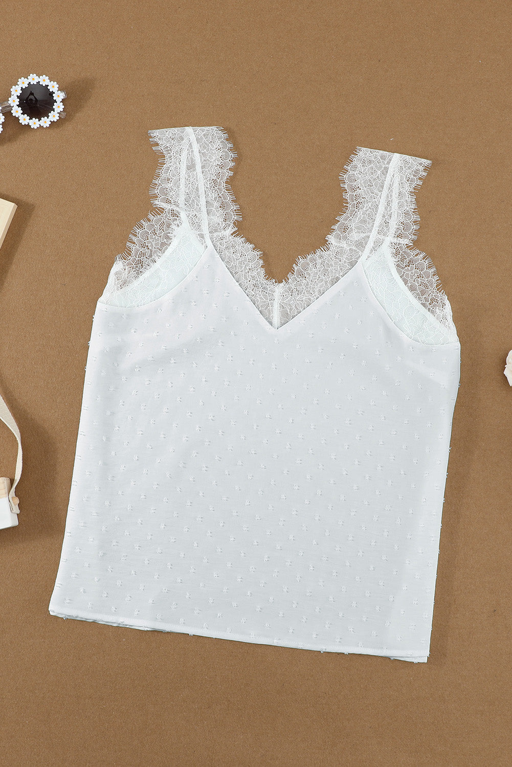 White Eyelash V Neck Cami Tank Top