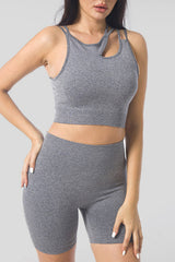 Gray Cut Out Criss Cross Yoga Top and High Waist Sports Shorts Set