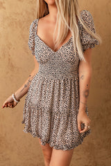 Leopard Print Shirred Ruffled V Neck Mini Dress