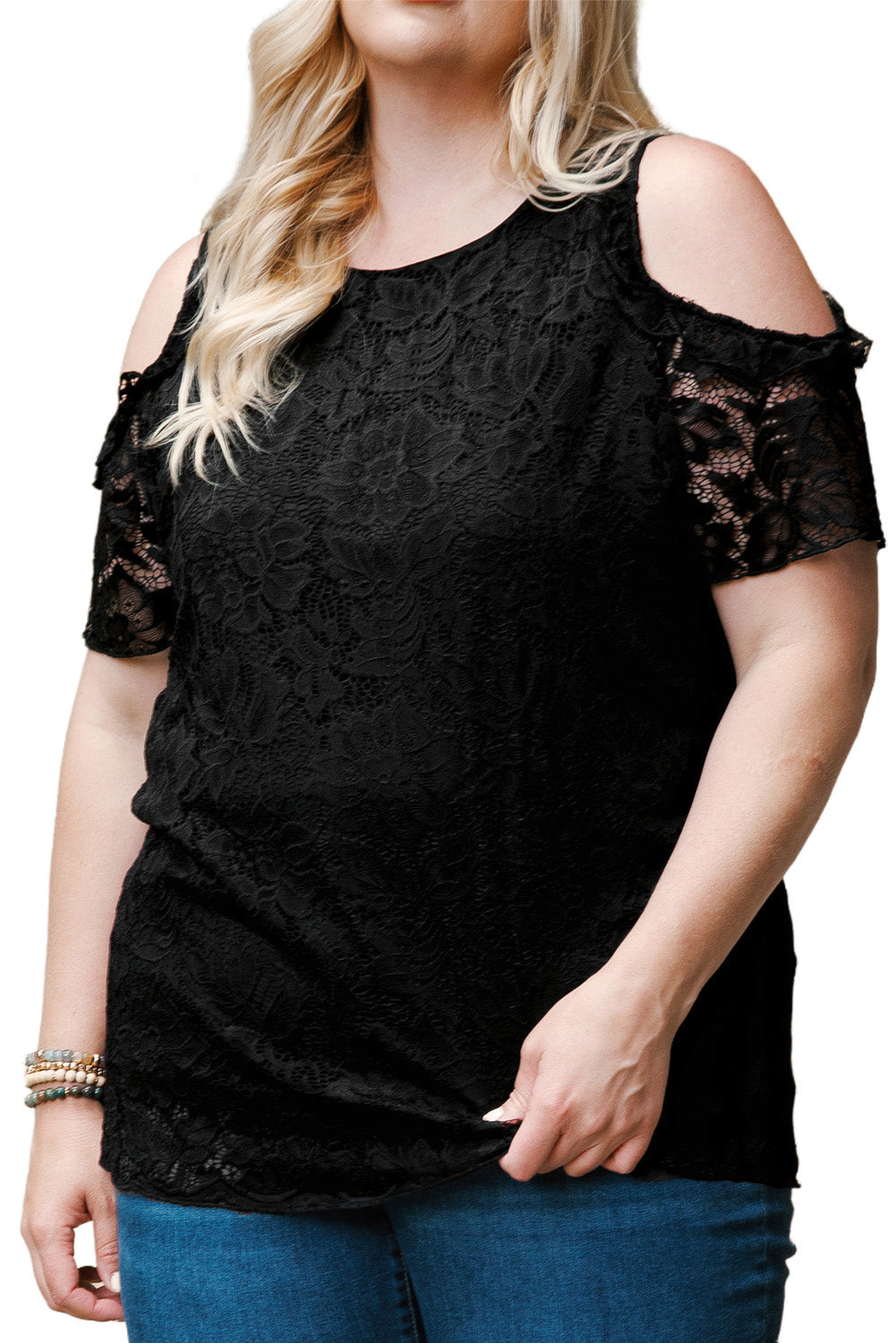 Black Floral Lace Cold Shoulder Plus Size Top