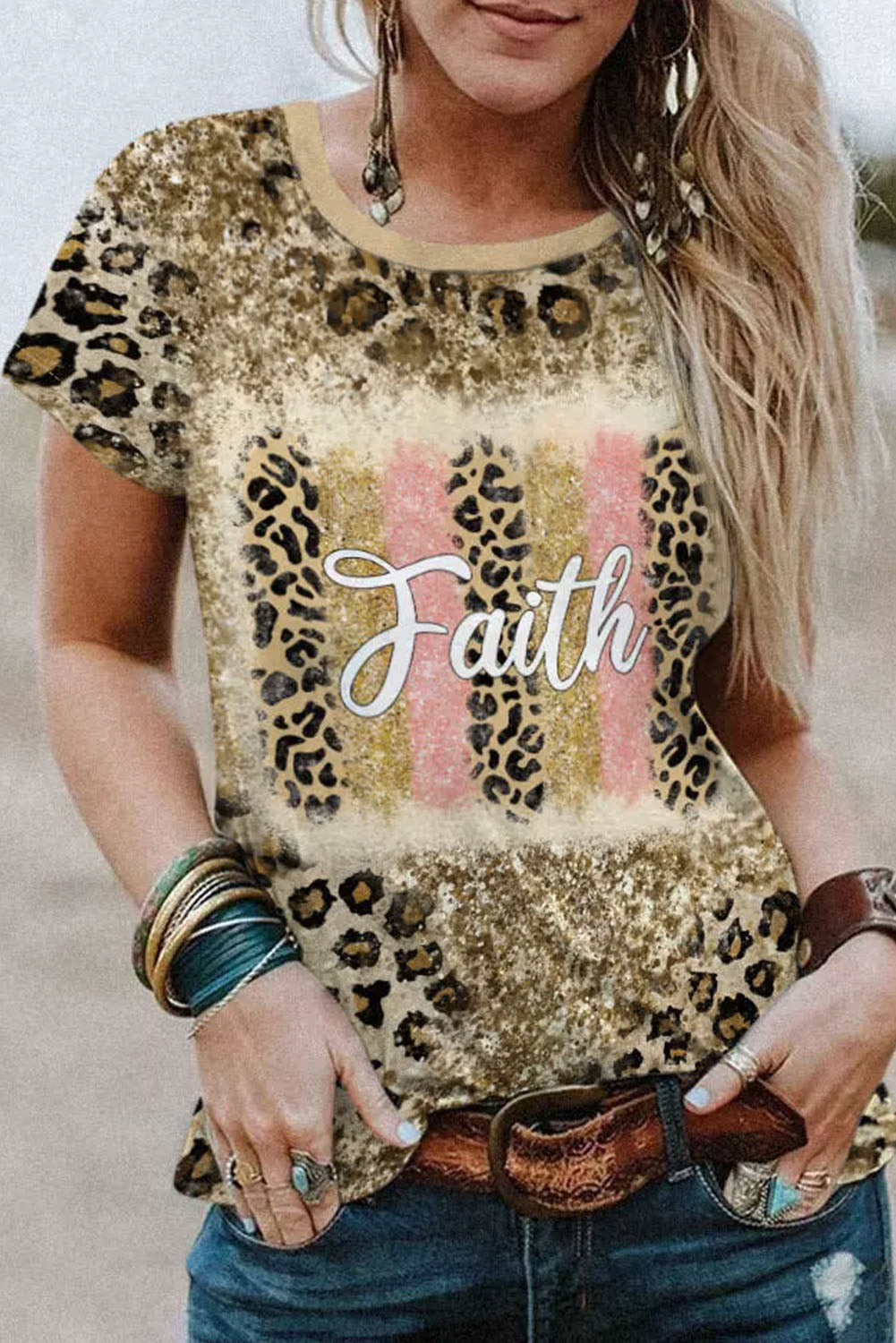 Faith Leopard Glitter Bleached O-neck T-shirt