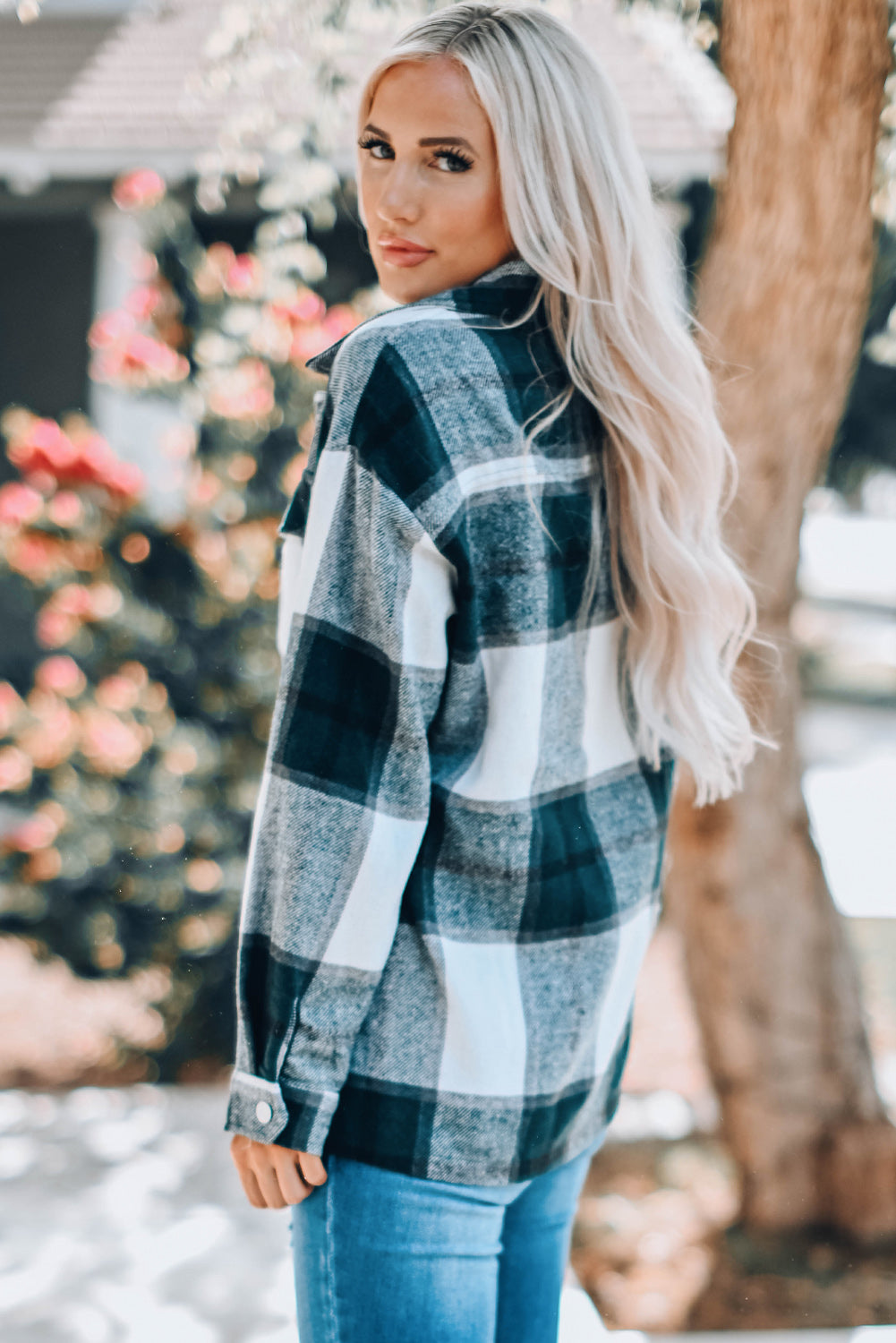 Khaki Plaid Print Buttoned Shirt Coat with Pocket