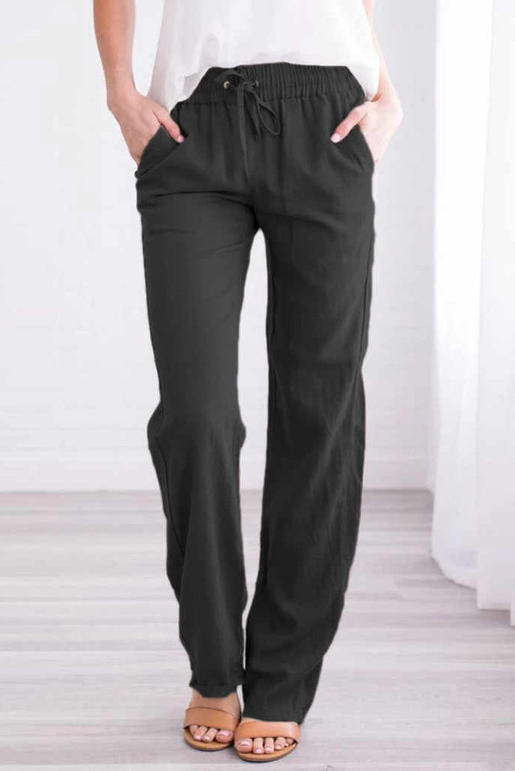 Blue Drawstring Elastic Waist Pockets Long Straight Legs Pants