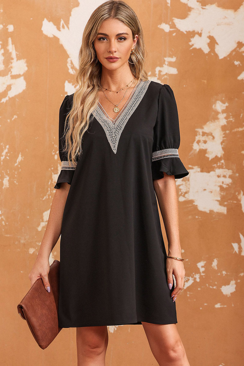 Black Lace Crochet Splicing V Neck Shift Dress