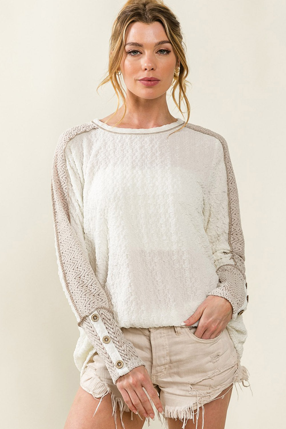 White Exposed Seam Textured Patch Buttoned Sleeve Top