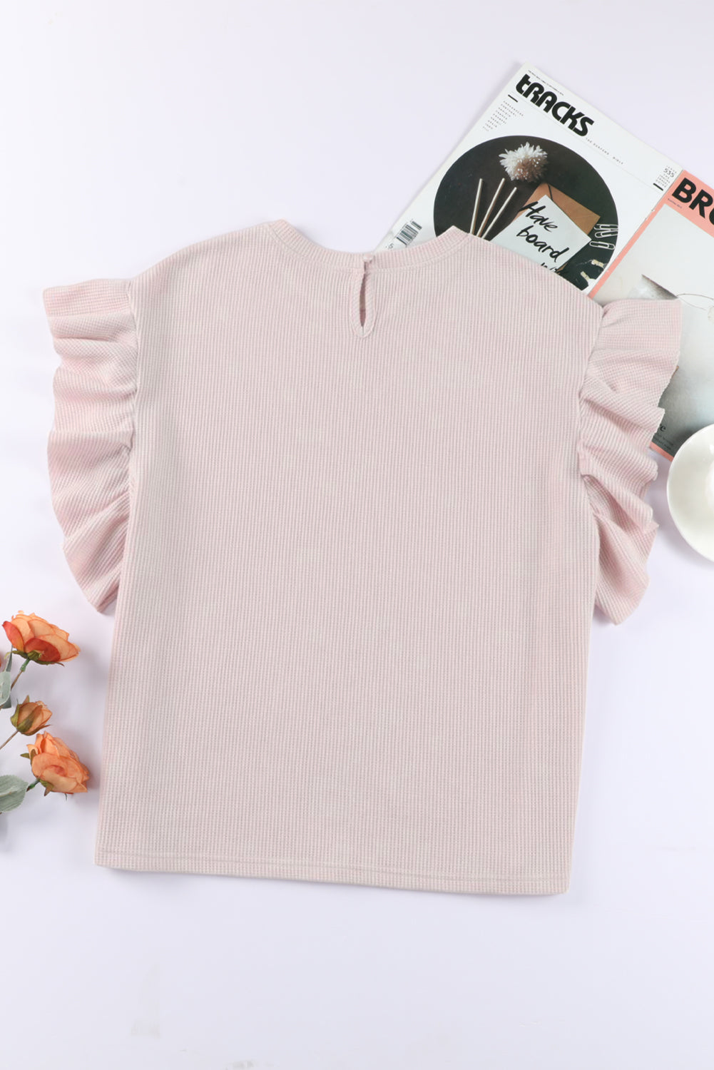 Pink Ruffle Sleeve Waffle Knit Top