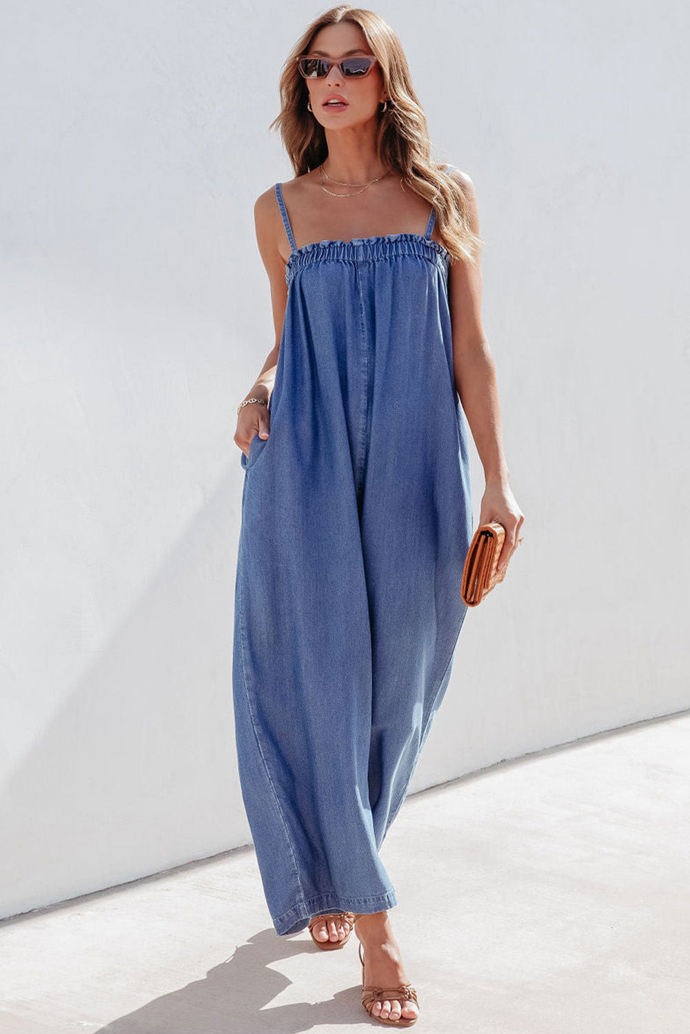 Blue Spaghetti Straps Frilled Neckline Pocketed Wide Leg Denim Jumpsuit