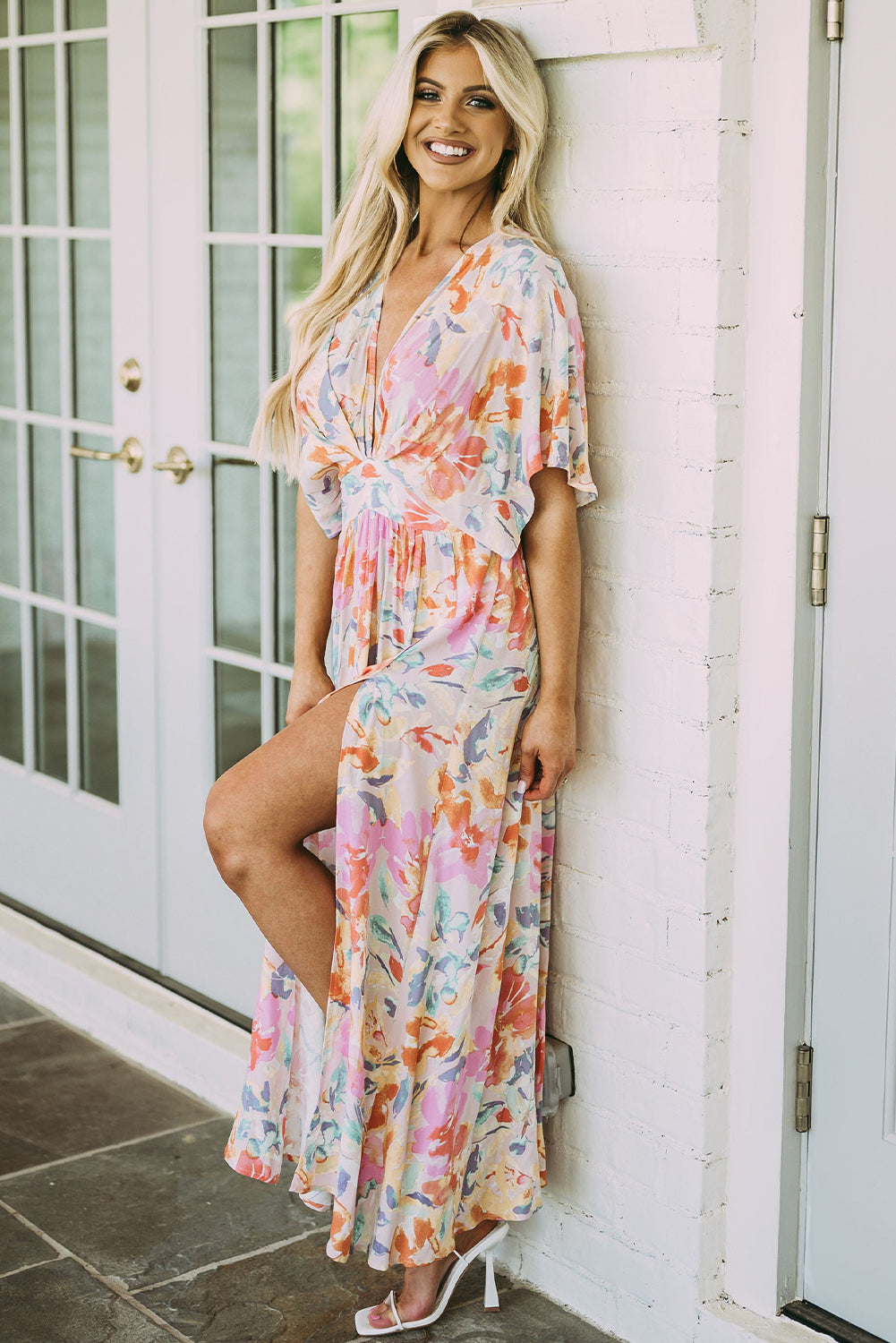 Multicolor Tropical Floral Print Ruched V Neck Maxi Dress