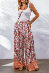 Red Floral Print Shirred High Waist Wide Leg Pants