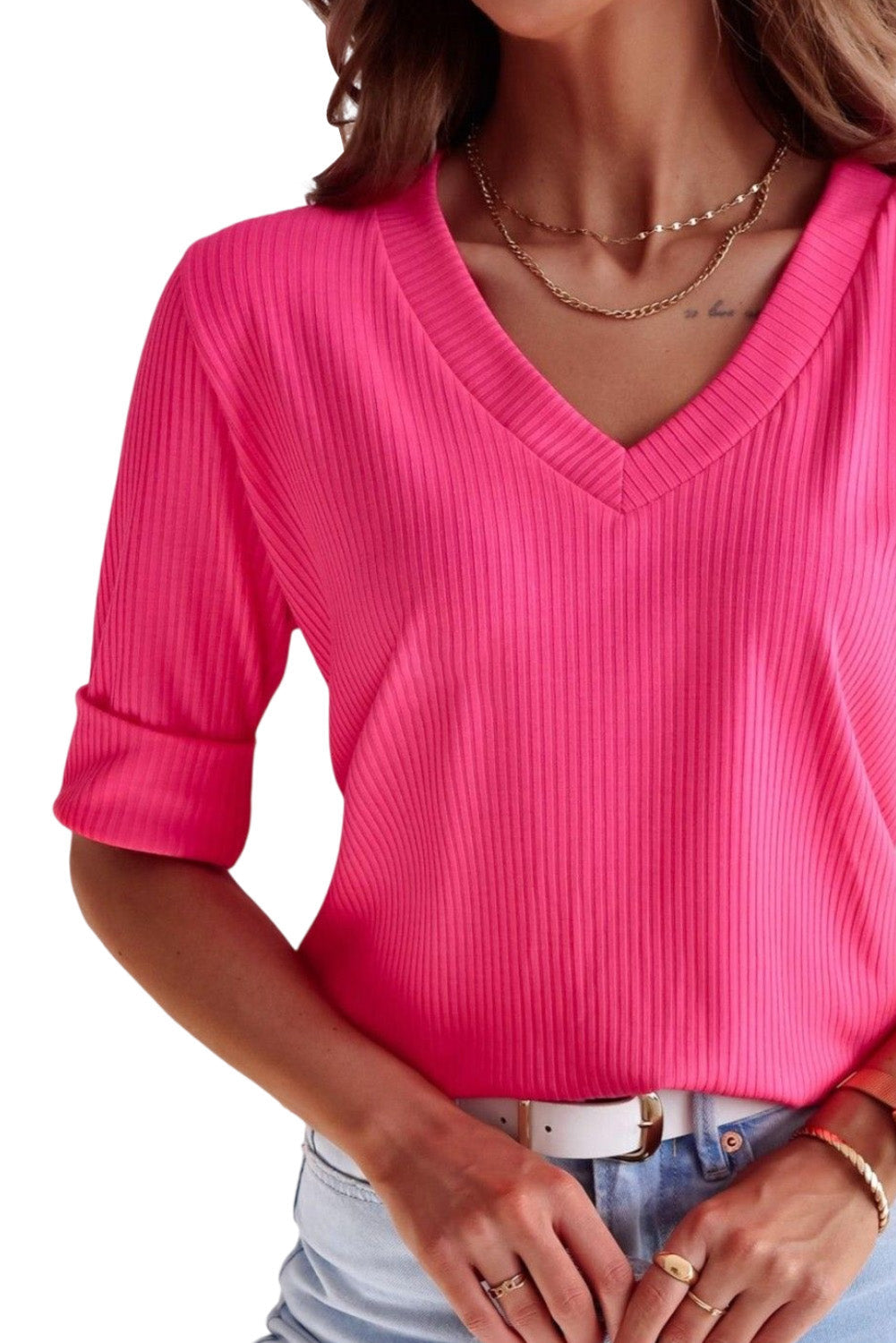 Rose Ribbed V Neck Rolled Short Sleeve T Shirt