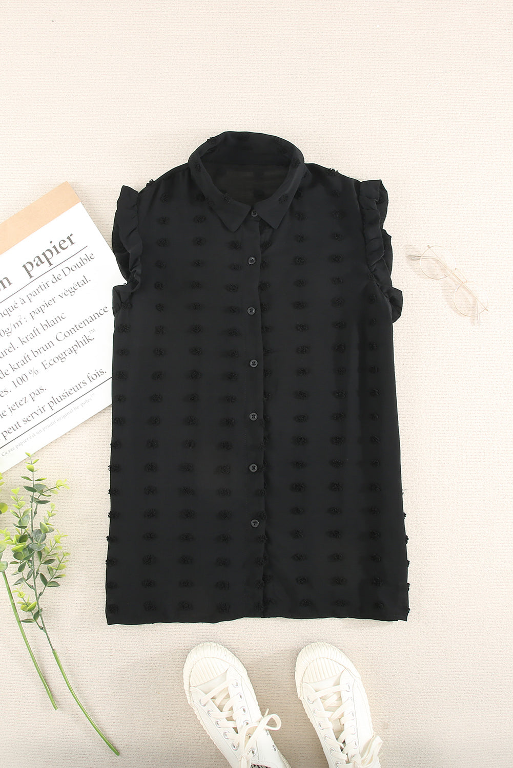 Black Turn-down Collar Ruffle Polka Dot Tank