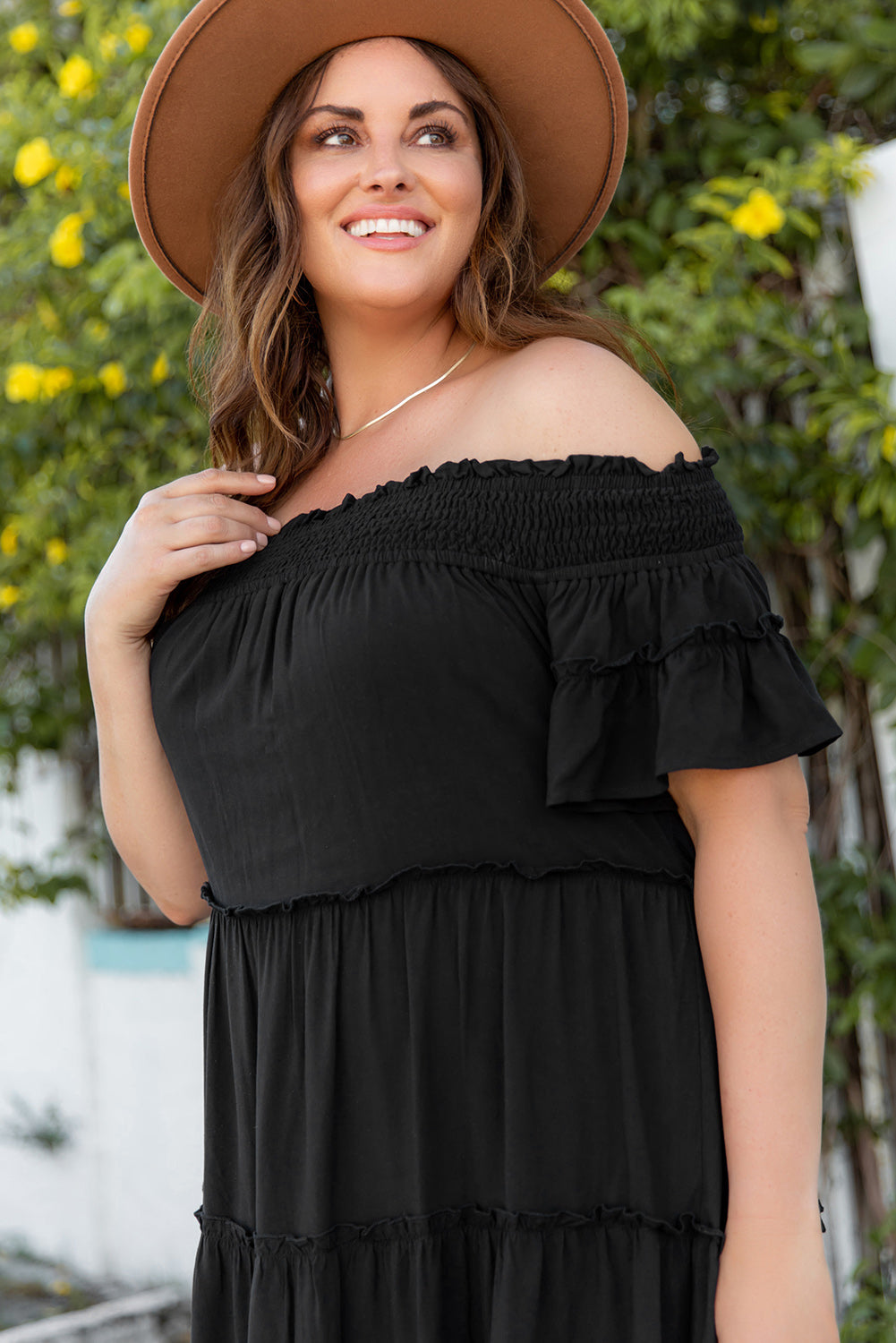 Black Plus Size Smocked Off Shoulder Frill Tiered Maxi Dress